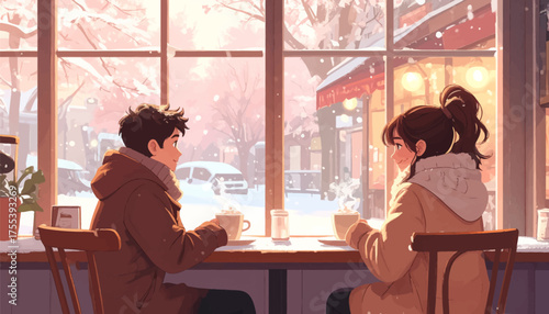 Cozy café moment with hot drinks and snowy views outside. Winter café setting with couple sharing coffee on a cold day. Intimate coffee date by the window with snow falling outside