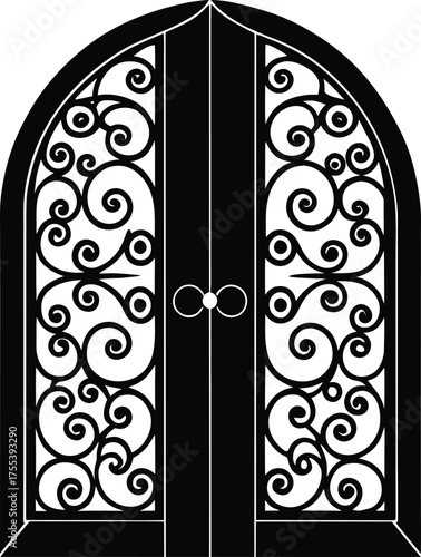 Ornate iron double doors with intricate golden filigree and elegant design
