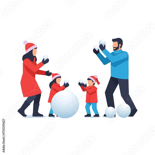 Family Enjoying Winter Scene Building Snowman and Throwing Snowballs Wearing Red Jackets Hats and Blue Sweater against White Background