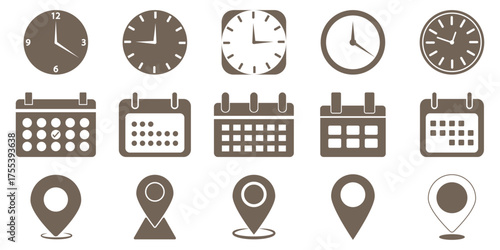 Time, date and address icon set. Travel concept or booking. Calendar, clock, location. Editable vector. Time and Location Symbols for Various Purposes. Event vector icons illustrations. eps 10