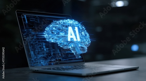 Futuristic Laptop Displaying Smart Artificial Intelligence Brain Concept Over Dark Technology Background for Innovation and Modern Computing Themes