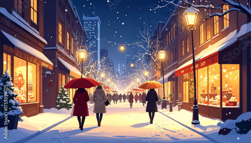 Snowy streets lit by warm lights with people strolling under umbrellas. Charming winter evening with festive shops and snow-covered roads. Snowy evening walk through festive, lit-up Christmas street