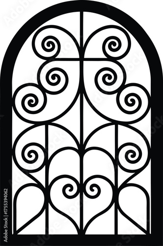 Ornate wrought iron window with decorative curves and spiral details