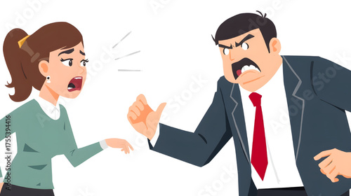 animated illustration of a heated argument between a boss and a female employee, showing intense emotions, anger, and conflict in a professional setting