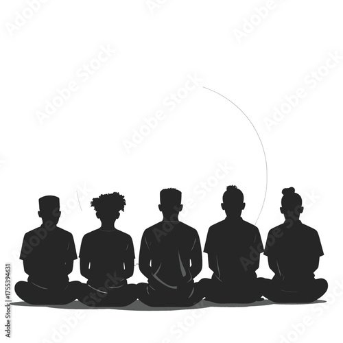 Group of Silhouetted People Meditating in Lotus Position on White Background Black Outlines Spiritual Practice Peaceful Setting Mindfulness