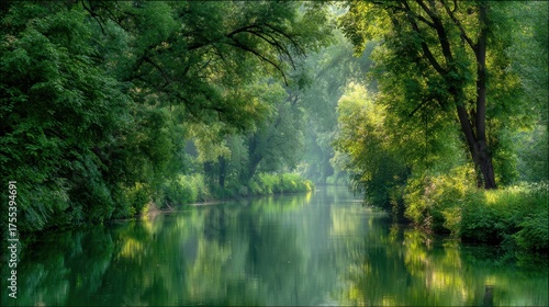 Wallpaper Mural Tranquil River Scene Surrounded by Lush Green Trees and Reflections in Calm Water at Dusk in a Serene Natural Landscape Torontodigital.ca
