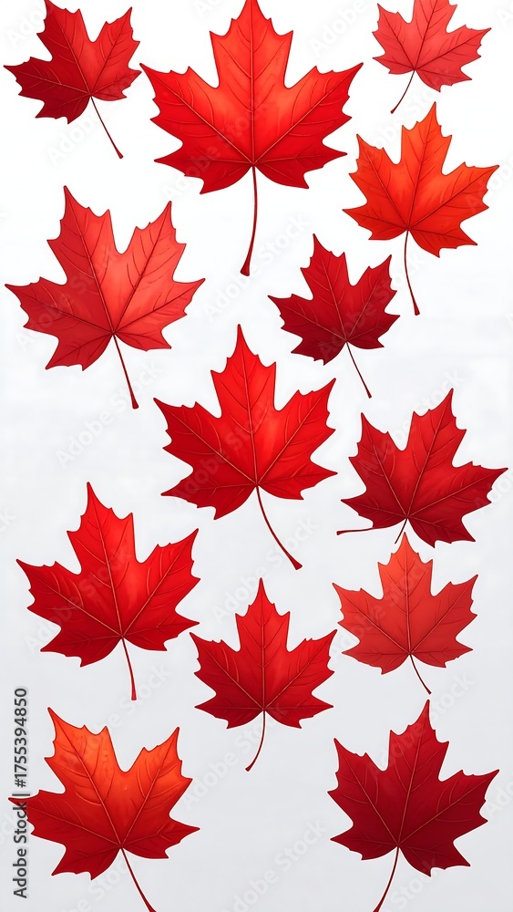 Fototapeta premium Scattered vibrant red maple leaves against a soft white backdrop, artistic autumnal design