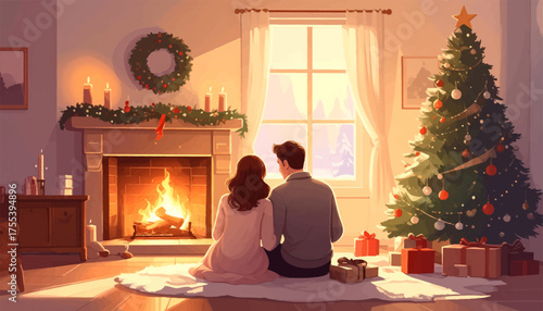 A couple enjoying a peaceful Christmas night in front of the fire. Cozy Christmas evening with a couple by the fireplace. Warm and intimate Christmas celebration with a loved one by the fire