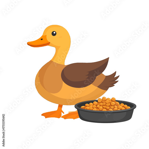 Cartoon Illustration of a Yellow Duck with Brown Feathers Standing Beside a Bowl of Food on a White Background