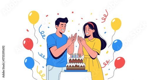 Cheerful Couple Celebrating A Special Moment Together With Birthday Cake Balloons And Decorations