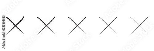 Black ink wrong signs, black paint brush stroke crosses, hand-painted wrong icons, abstract no button checkbox voting, disagree tick box symbols, vector illustration, graphic elements