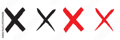 red and Black ink wrong signs, black paint brush stroke crosses, hand-painted wrong icons, abstract no button checkbox voting, disagree tick box symbols, vector illustration, graphic elements.