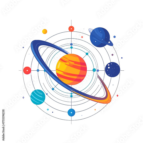 Stylized Solar System Illustration with Pixel Art Planets Rings and Orbits on White Backdrop