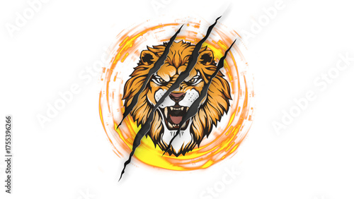 A fierce lion's head with claw marks and fiery background
