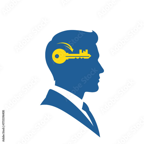 Profile Silhouette with Key Design in Blue and Yellow Isolated on White Background Revealing Creative Thinking Business Strategy Illustration