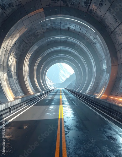 Tunnel view with road leading to mountains and sky beyond