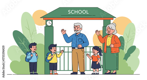 Cheerful School Welcome: Grandparents, Children, and the School Entryway Scene