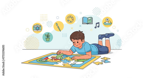 Child Enjoying Educational Puzzle While Surrounded By Artistic And Intellectual Icons
