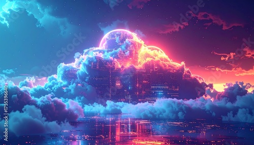 Vivid sunset painting, digital art, cloudscape over a city