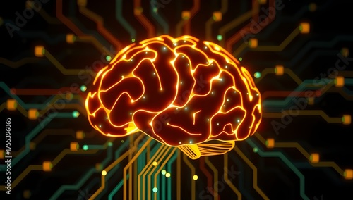 Vibrant electric brain with neon energy lines and circuits