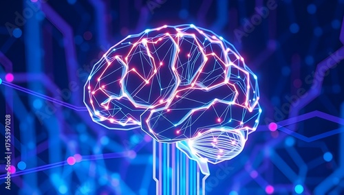Artificial intelligence brain visualization with luminous electric pathways