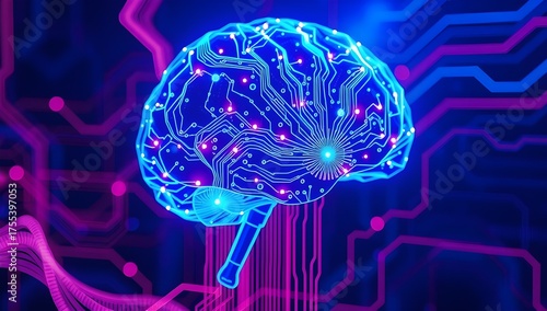 Futuristic digital brain glowing with neural data network connections