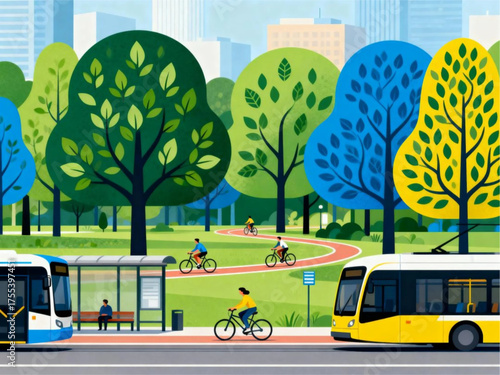 Urban green space with bicycles, pedestrians, and public transport buses