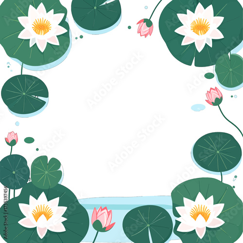 Floral Water Lily Border with Green Leaves and Pink Flowers Frame on Pond with Copy Space for Text, Graphic Design Background
