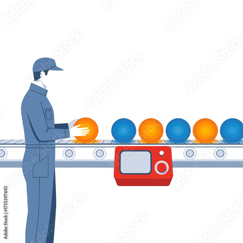 Factory Worker Inspecting Spheres on Conveyor Belt Illustration of Manufacturing Process with Blue Overalls and Assorted Color Balls on White Background