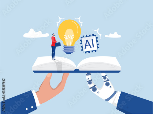 Hand hold open book to discover Study ai or learning new skill, innovation creativity or idea, reading book for inspiration,discover solution or literature,wisdom Knowledge or education concept vector