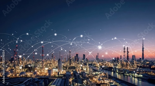 Nighttime Urban Landscape with Connecting Dots Representing Digital Communication and Industry Growth