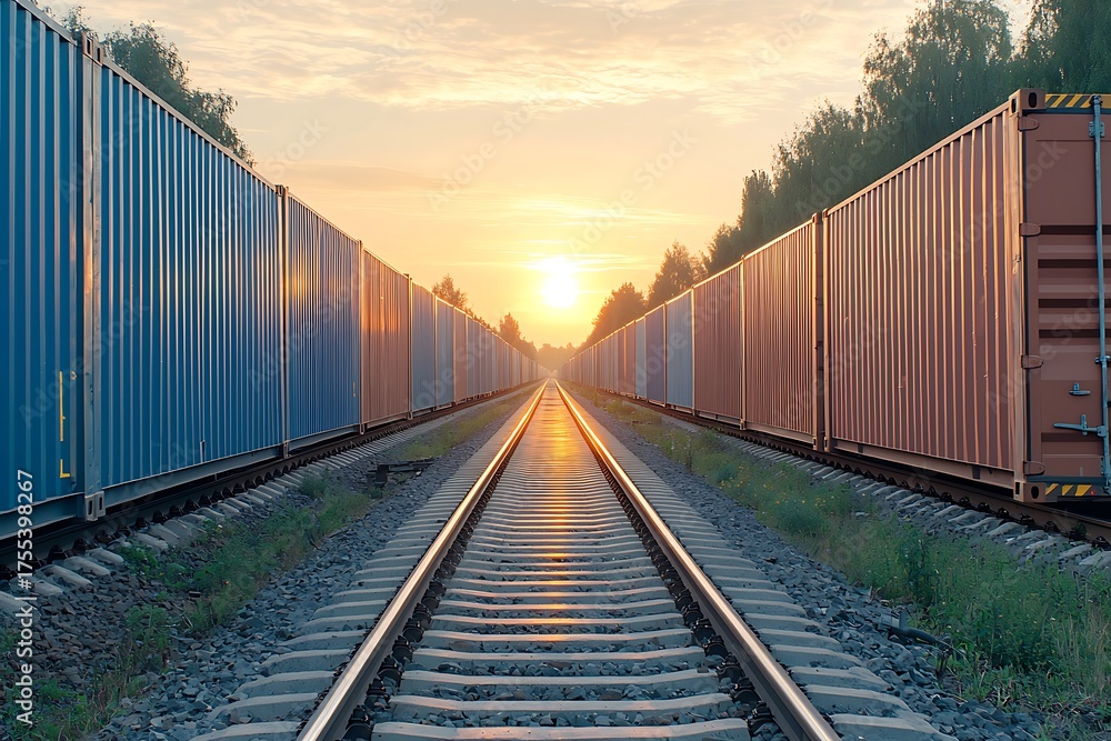 Fototapeta premium Railway Tracks Surrounded by Colorful Cargo Containers at Sunset in Rural Landscape