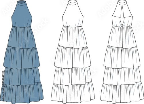 Tiered maxi dress fashion flat sketch, halter neck long dress design, elegant women apparel technical drawing, summer outfit vector illustration