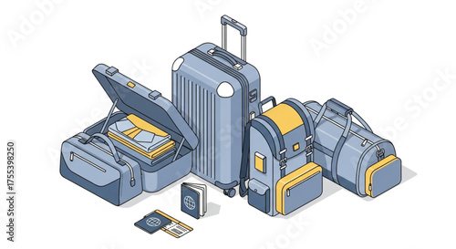 Isometric illustration of luggage and travel bags, perfect for vacation, tourism, and adventure themes in design