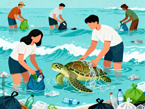 Ocean conservationists rescuing a sea turtle from plastic pollution on a beach