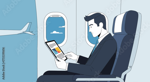 Business Travel: A Businessman Working on Tablet During Flight Over Cloudy Skies