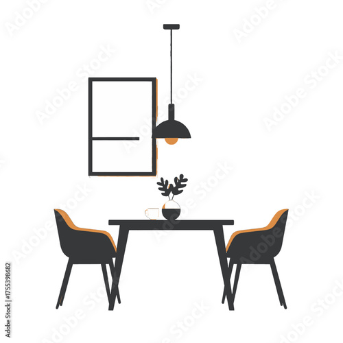 Stylized Dining Room Interior with Black Table Orange Chairs and Hanging Lamp on White Background Minimalist Interior Design