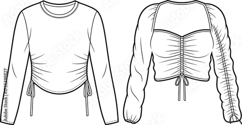 Trendy women's ruched long sleeve and off shoulder top technical flat sketch with drawstring detail, modern fashion CAD drawing flat vector illustration