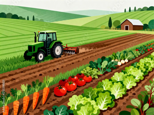 Tractor plowing a field with crops, vegetables, and a farm landscape under the sun