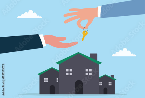 Vector illustration of a real estate transaction showing one businessman handing over a house key to another, symbolizing property sale, home ownership, or successful real estate investment
