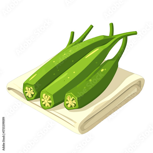 Pixelated Green Okra Pods Arranged on Beige Cloth in Square Still Life Composition