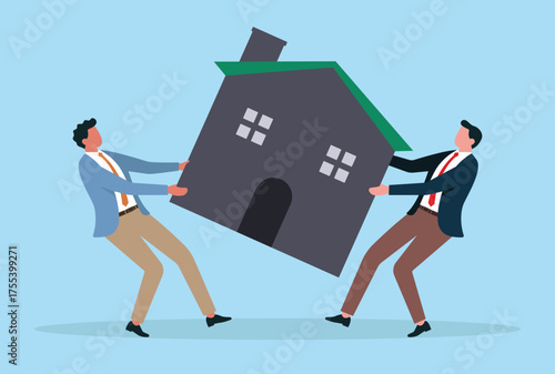 Vector illustration of two businessmen fighting over a house, representing conflict, competition, and disputes in real estate or business negotiations