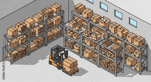 Isometric warehouse scene showcasing efficient logistics with forklift and stacked shelves filled with cardboard boxes, emphasizing storage and distribution