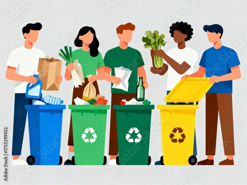 Diverse group of people sorting waste into colored recycling bins, promoting environmental responsibility and sustainability