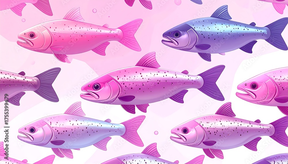 Cartoon illustration of colorful fish in a seamless pink pattern