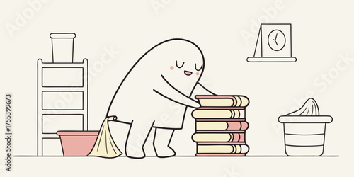 A Cute Character Organizes A Stack Of Books Next To A Trash Can With Some Papers