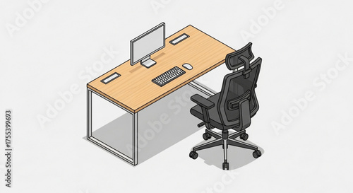 Isometric office setup featuring a modern desk, ergonomic chair, computer, keyboard, and mouse