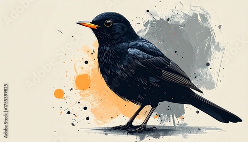 Watercolor style illustration of a blackbird with orange beak