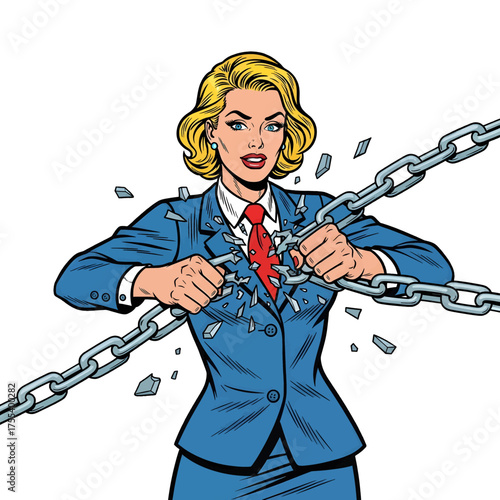 Woman Breaking Chains in Business Suit Illustrative Style on White Background