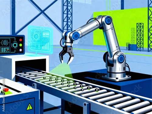 Smart factory illustration showing a robotic arm working on an automated conveyor belt with a digital interface